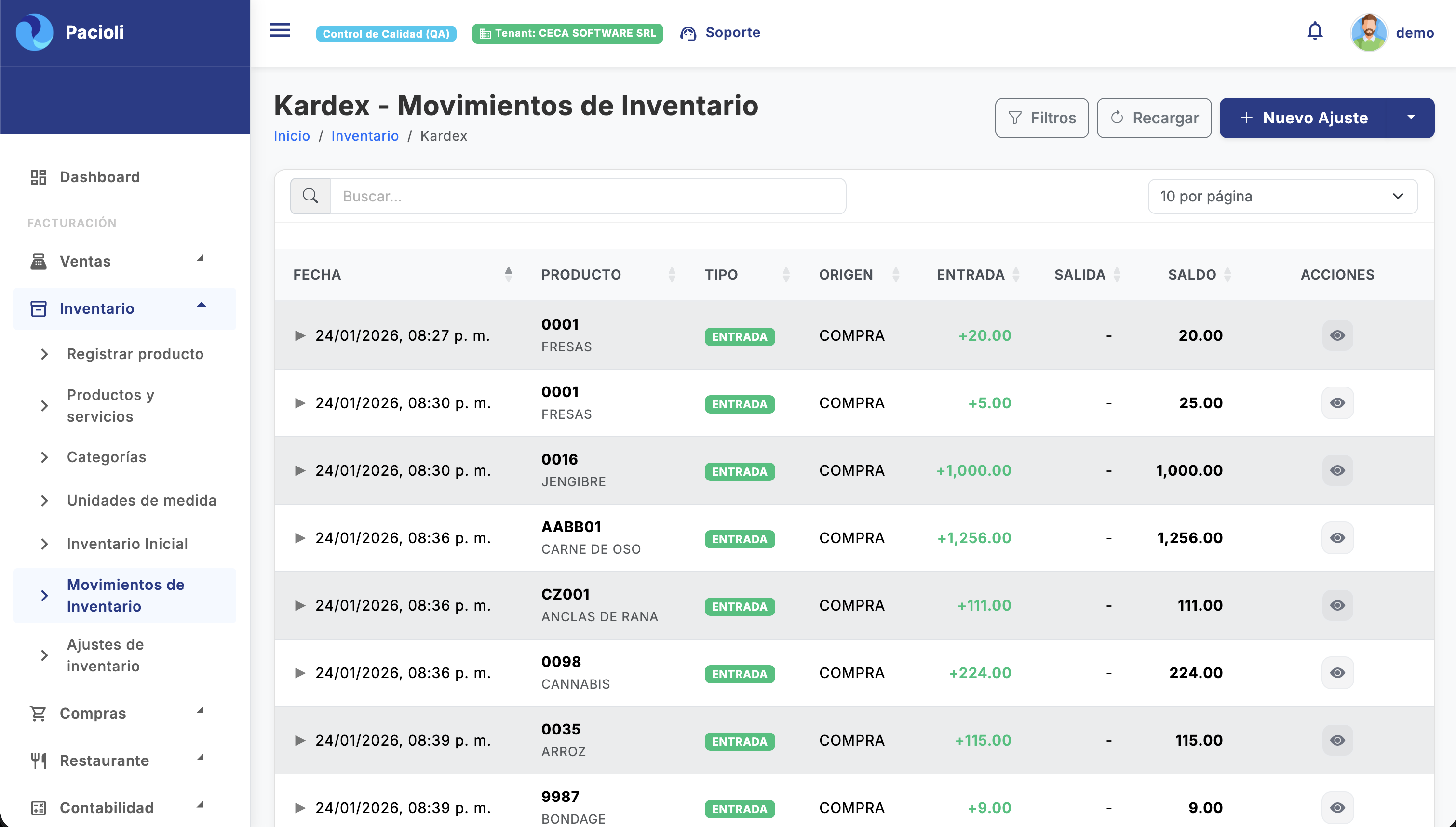 Sistema de Inventario Pacioli ERP - Control de stock en tiempo real